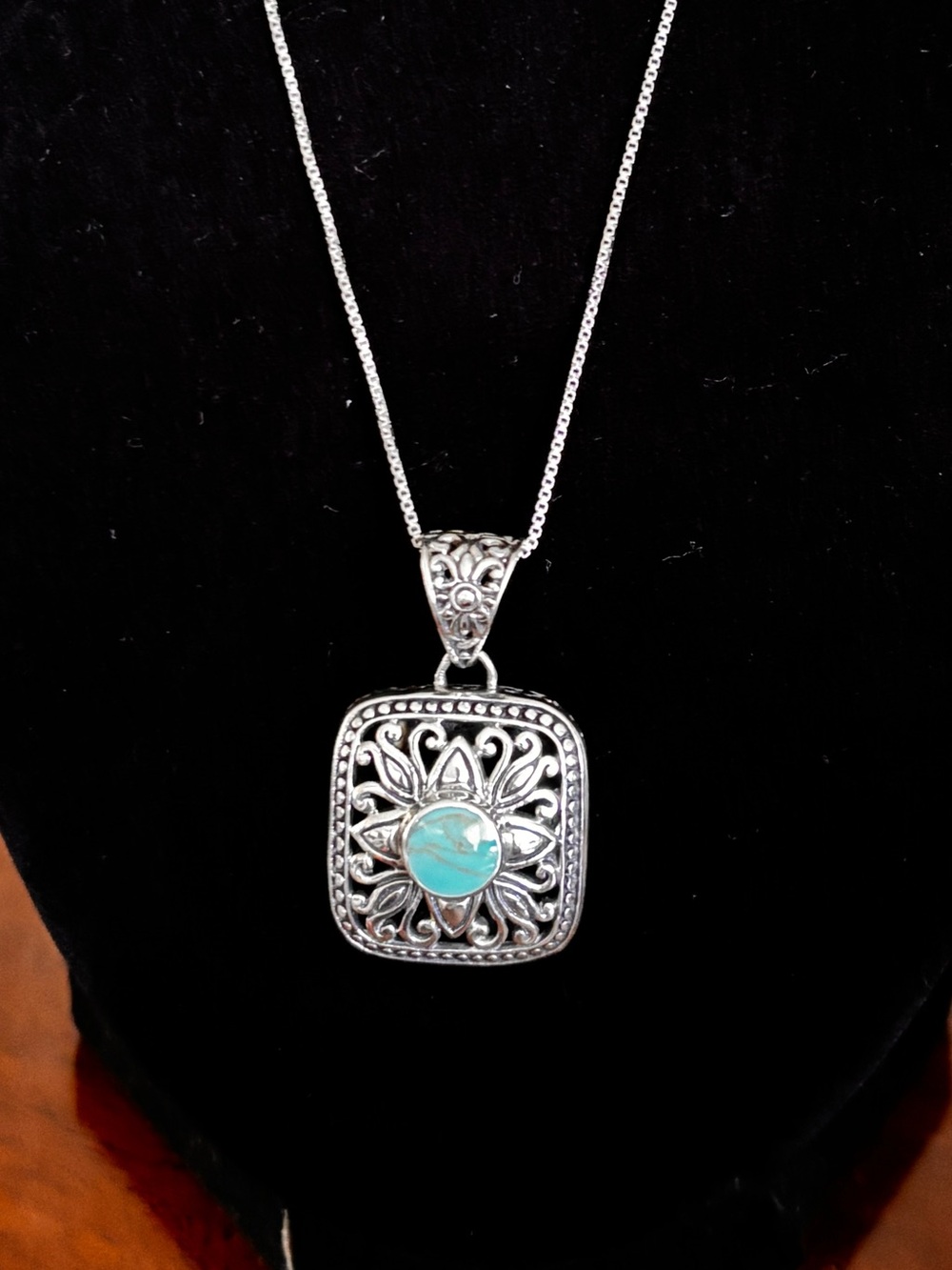 Silver Filigree Pendant Necklace with Turquoise Accent